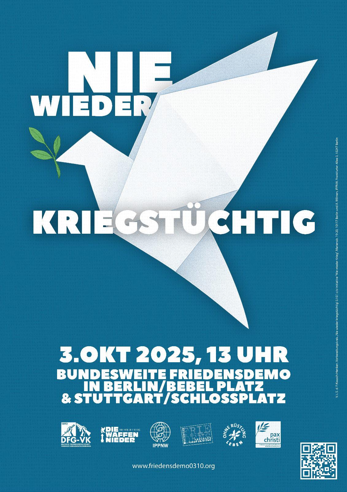 SharePic zum 3. Oktober mit Origami Friedenstaube und den Daten zu den Demos in Berlin und Stuttgart
