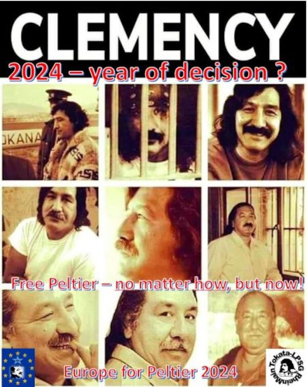 Das SharePic mit verschiedenen Fotos von Leonard Peltier von der Festnahme bis heute stellt die Frage: Clemency - 2024 - year of decision? (Begnadigung - 2024 - Jahr der Entscheidung?) und die Forderung: No matter how - but now!