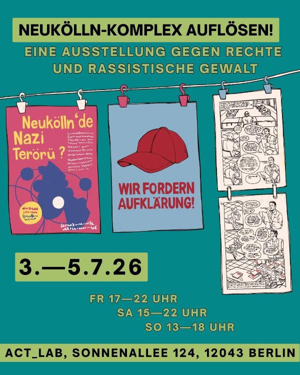 Das Plakat zur Ausstellung zeigt eine gezeichnete Wäscheleine mit verschiedenen daran aufgehängten Plakaten und Angaben zur Ausstellung
