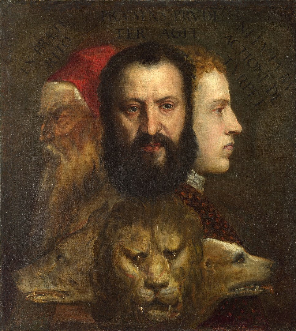 Das Bild zeigt das Gemälde von Tizian d. Ä., „Allegorie der Zeit“ – allegorische Darstellung des Verhältnisses von Vergangenheit, Gegenwart und Zukunft und der Lebensalter: Der Greis (Vergangenheit) blickt zurück, der Jüngling (die Zukunft) nach vorne; nur der Mann (die Gegenwart) hat sein Gesicht dem Betrachter zugewandt.