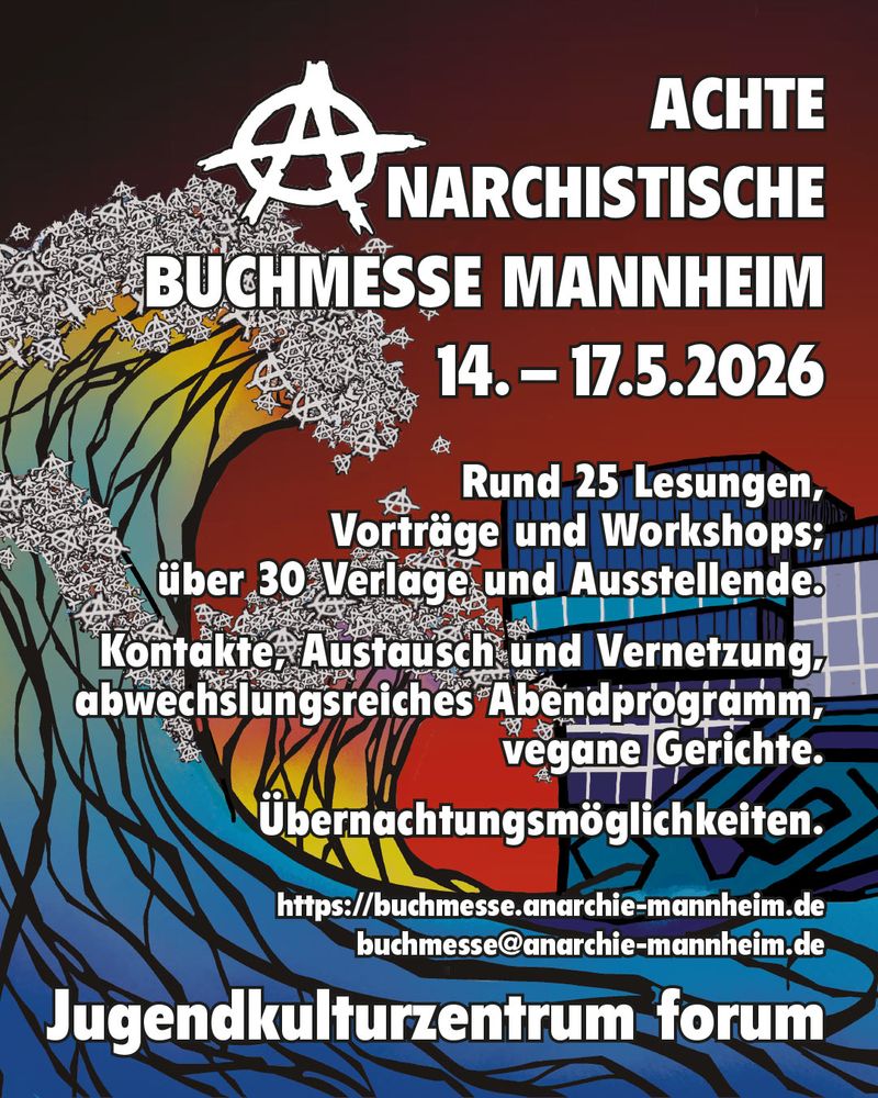 Das SharePic zur 8. anarchistischen Buchmesse in Mannheim zeigt das Jugendzentrum Forum auf der rechten Seite und links 3 Wellen, deren Schaumkronen aus lauter Anarchie Ⓐ besteht sowie Angaben zur Messe und den Veranstalter:*Innen