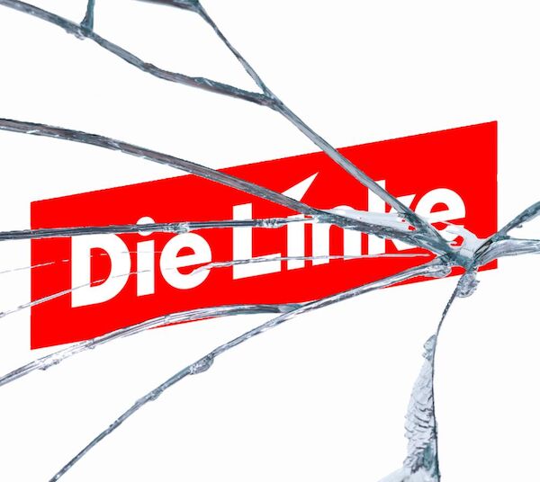Die Grafik zeigt das Logo der Partei "Die Linke" hinter einer zerbrochenen Glasscheibe