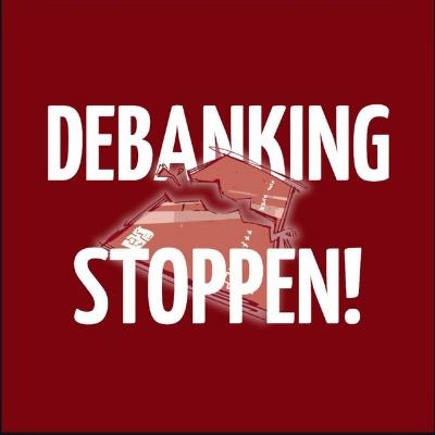 Das Logo der Kampagne mit der zerbrochenen Kreditkarte im Hintergrund und dem Text "Debanking stoppen!" darüber gelegt.