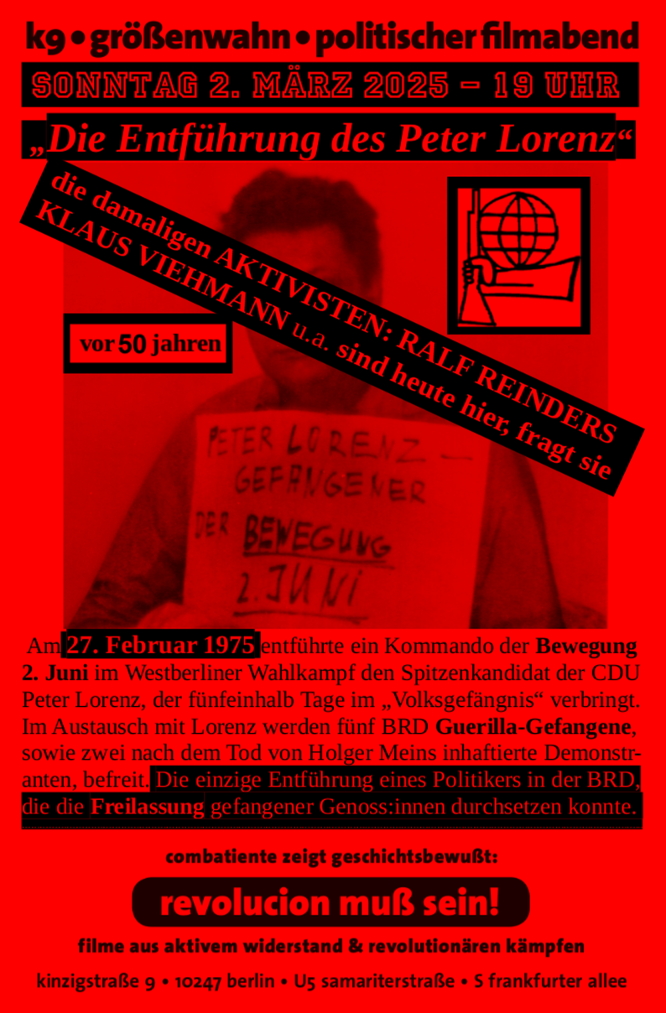 Der Flyer zum Filmabend zeigt das bekannte Foto von Peter Lorenz als Gefangener der Bewegung 2. Juni sowie die Eckdaten zum Filmabend aus dem Beitragstext