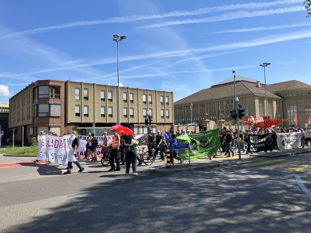 Das Foto zeigt den Demozug mit vielen Menschen und einer Reihe von Transparenten zum Thema