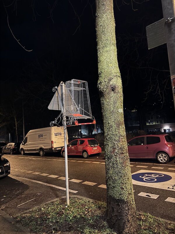 Ein leerer Einkaufswagen hängt an der Rückseite eines Verkehrsschildes an einem Straßenrand. Es ist dunkel, im Hintergrund parken Autos im Vordergrund steht ein Baum. Auf der Straße ist das Zeichen für eine Fahrradstraße zu sehen.