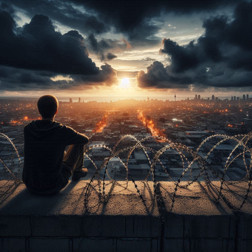 Eine Person sitzt auf einer mit Stacheldraht bewehrten Mauer und schaut auf eine Stadt, die in der Dämmerung liegt. Dunkel Wolken am HImmel, am Horizont geht die Sonne auf.