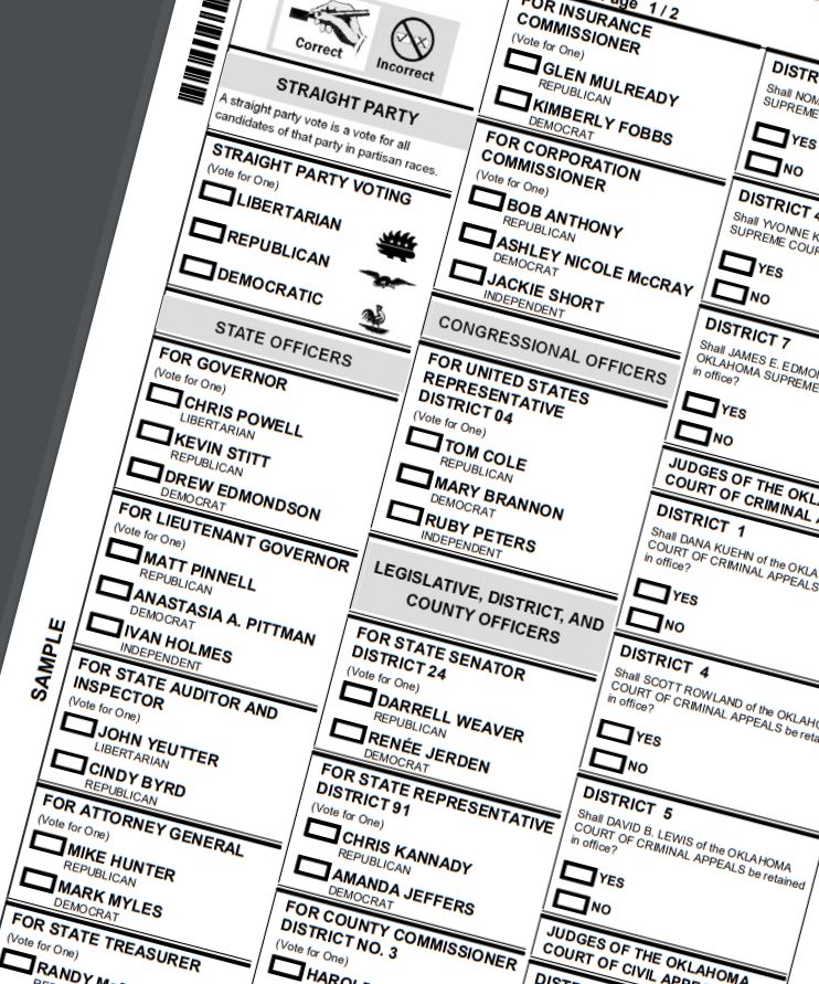 Ein Stimmzettel für die allgemeinen Wahlen in Oklahoma aus dem Jahr 2018, auf dem die Kandidaten für staatliche und kommunale Ämter sowie für den US-Kongress aufgeführt sind