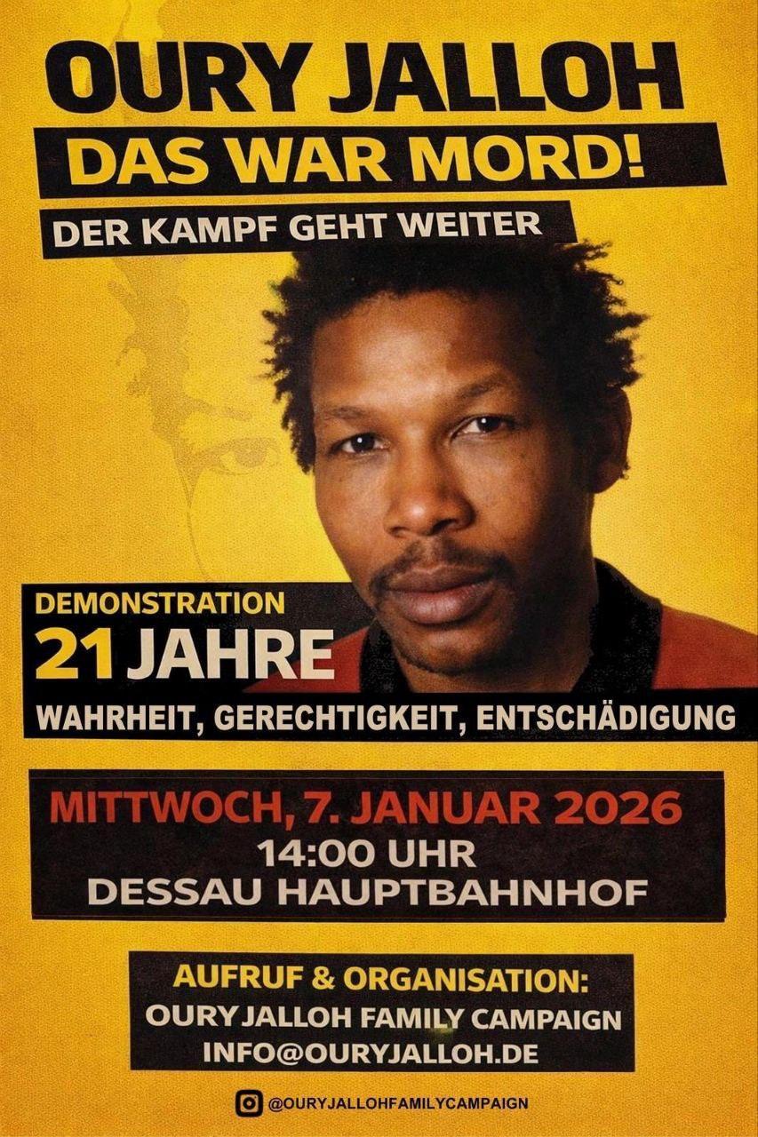 Das SharePic zeigt ein Foto von Oury Jallo sowie den Text "Oury Jalloh<br />
Das war Mord<br />
Der Kampf geht weiter<br />
Demonstation 21 Jahre <br />
Wahrheit, Gerechtigkeit, Entschädigung<br />
Sowie die Angaben aus dem Textbeitrag<br />
"