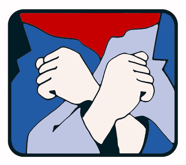 Das Logo der Roten Hilfe zeigt zwei stilisierte Personen, die ihre Arme untergehakt haben.