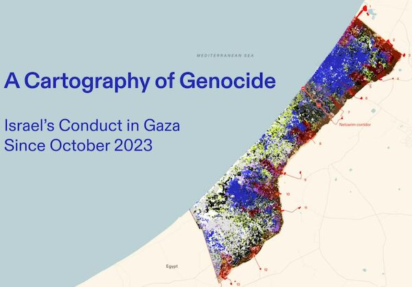 Der Screenshot aus dem Präsentationsvideo zeigt eine Karte des Gaza Streifens sowie den Text "A Cartography of Genocide. Israel's Conduct in Gaza since October 2023"