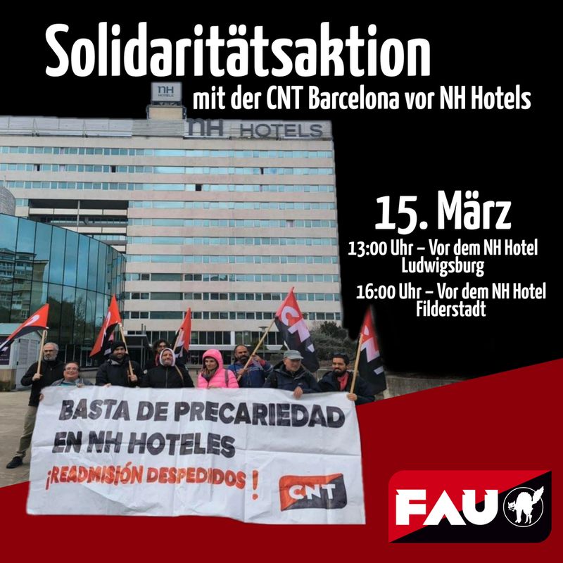 Das SharePic zeigt eine Aktion vor einem NH Hotel in Barcelona sowie die Angaben aus dem Textbeitrag