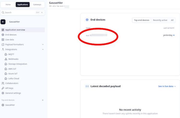 Der Screenshot zeigt in der "Application Overview" unter "End Devices" die eui-*** des ELV-LW-ESI