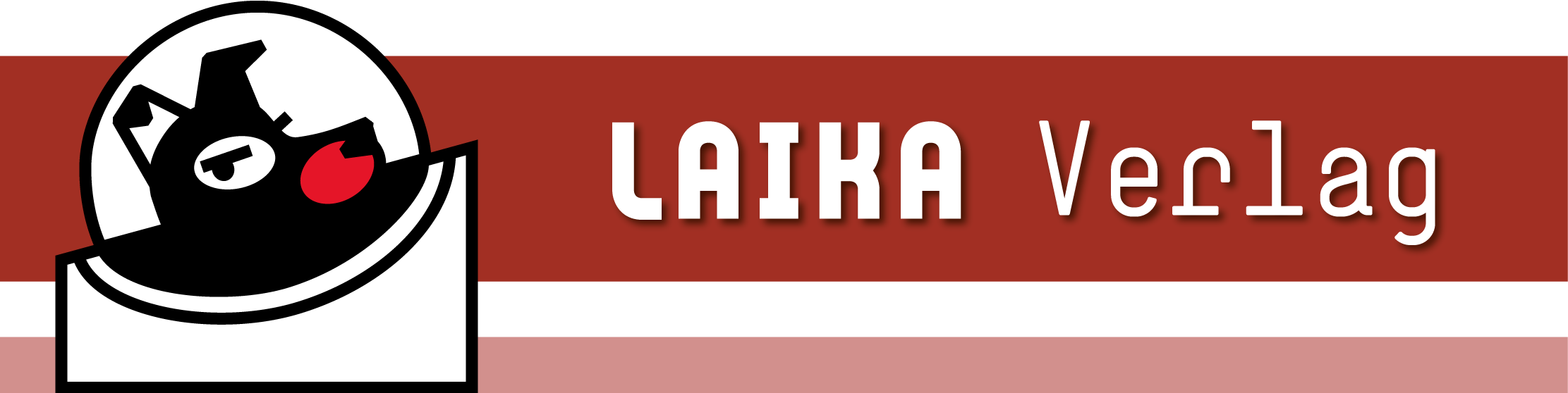 Die Grafik zeigt das Logo - eine stilisierte Zeichnung von Laika, der ersten Hündin im Weltraum - und des Schriftzuges des Verlages
