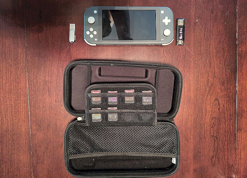 Das Foto zeigt USB Sticks, eine Nintendo Switch und eine Tasche, um alles darin zu verstauen. (Beschreibung des Inhalts siehe Text weiter unten)