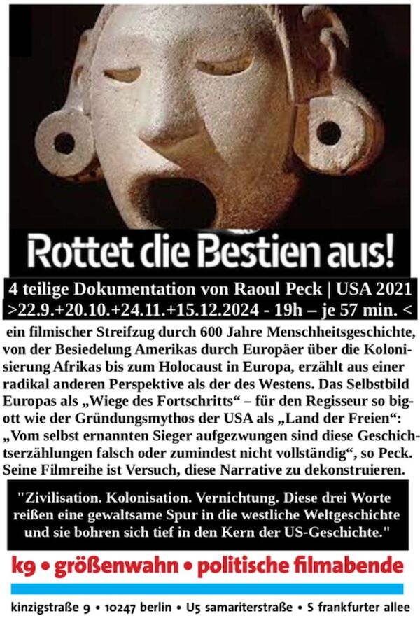Flyer für den ersten von vier Teilen mit den Textangaben sowie einem Foto einer Maske aus Stein (saure Lava) in Form eines menschlichen Gesichts der aztekischen Gottheit Xipe Totec, die eine gehäutete menschliche Haut trägt, mit Ohrstöpseln.