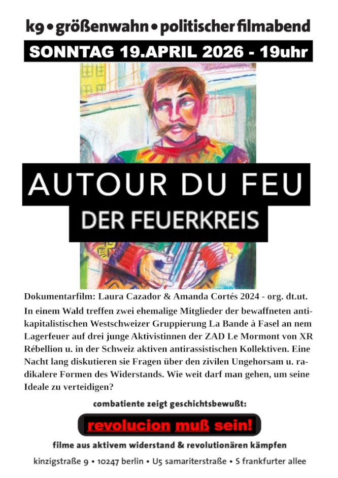 Der Flyer zeigt Jacques Fasel 1985 beim Prozess in Fribourg in einer Illustration von Luigi Olivadoti sowie Angaben zum Film aus dem Textbeitrag