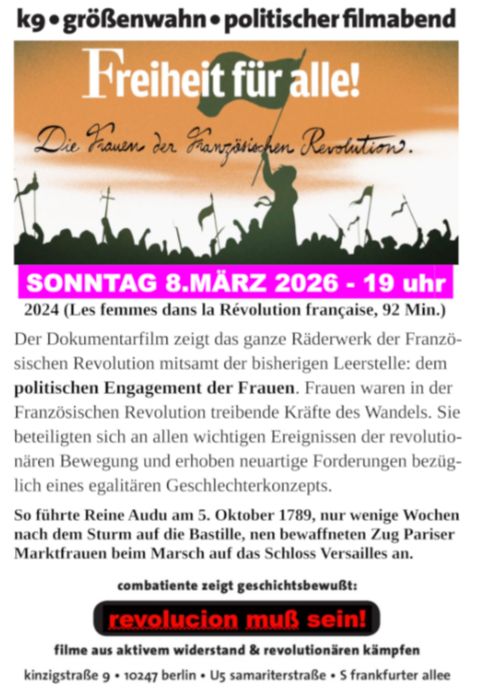 Der Flyer zum Film zeigt die Angaben aus dem Textbeitrag, grafisch hinterlegt mit einer stilisierten Silhouette einer Menge Menschen mit Fahnen und einer weiblichen Person im Vordergrund, die ebenfalls eine Fahne schwenkt
