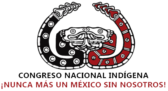 Logo des Congreso Nacional Indígena (CNI) Logo des Congreso Nacional Indígena (CNI): Eine rote und eine schwarze zueinander gerichtete Klapperschlangen