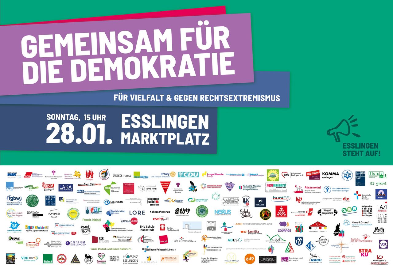 Das SharePic zur Kundgebung Esslingen steht auf am Sonntag um 15:00 auf dem Marktplatz zeigt die unterstützenden Organisationen, Parteien und Verbände.